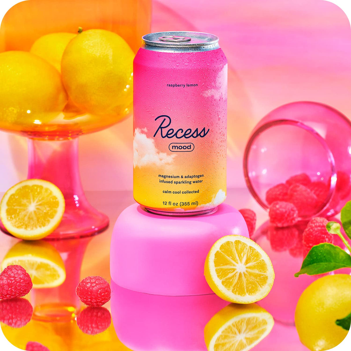 Recess Mood Magnesium & Adaptogen Drink, Calming Relaxation Beverage, 12 ounce (Raspberry Lemon, 12 pack)