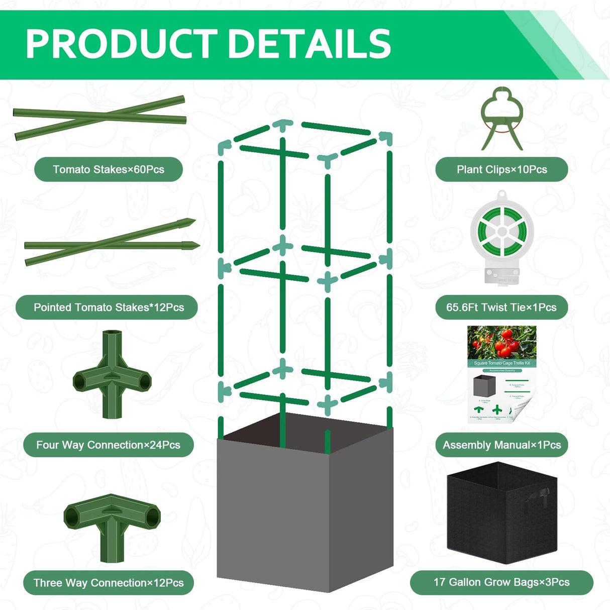 WLLEYAY 3 Pack 46'' Square Tomato Cages with 17 Gallon Grow Bags