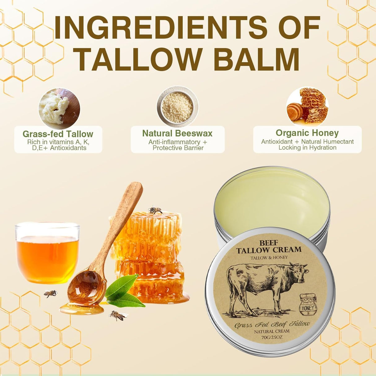 MROUVIK Beef Tallow for Skin, Tallow and Honey Cream,Tallow Face Moisturizer, Natural Grass-Fed Beef Tallow Balm with Raw Honey Moisturizing Cream for Body Lotion Skin Care for Skin (2.47 Oz)
