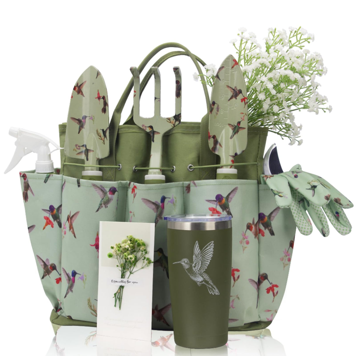Garden Tool Set with Hummingbird Print, Heavy Duty Gardening Hand Tools with Garden Tool Bag,Gardening Gifts for Women&Men,Green
