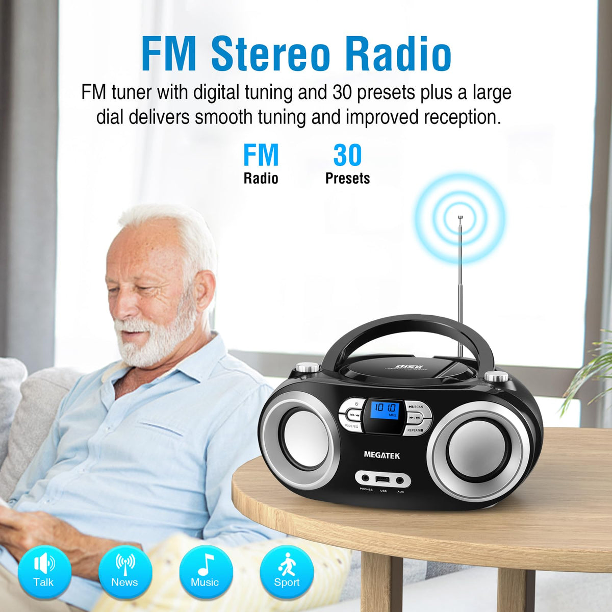 MEGATEK Portable CD Player Boombox with Bluetooth & FM Radio – Black