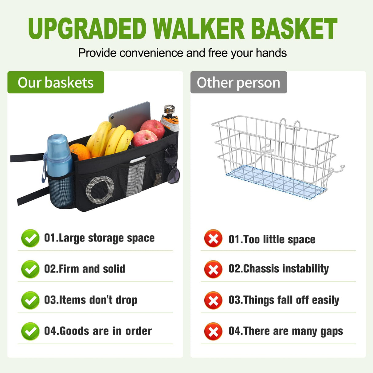 CTWWFS Upgrade Walker Basket with Cup Holder, Foldable Walker Storage Bag for Seniors with Big Capacity & Never Tipping Over, Best Gift for Family