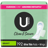 U by Kotex Clean & Secure Ultra Thin Pads with Wings, Heavy Absorbency, 192 Count (6 Packs of 32) (Packaging May Vary)
