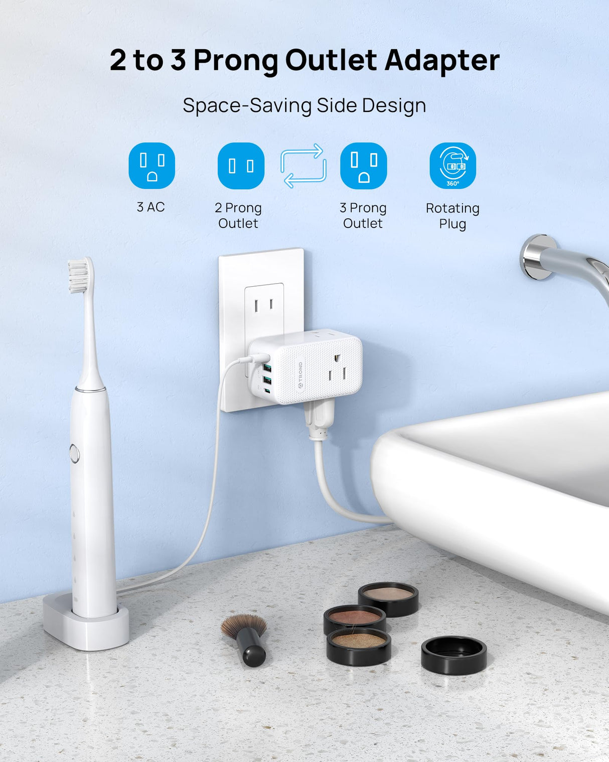 TROND Outlet Extender with 6 Inch Cord - Multi Plug Wall Outlet with PD 20W USB C Plug Adapter, Ultra Short Extension Cord, 3 Way Power Splitter for Bathroom Kitchen Office Dorm Travel Essentials