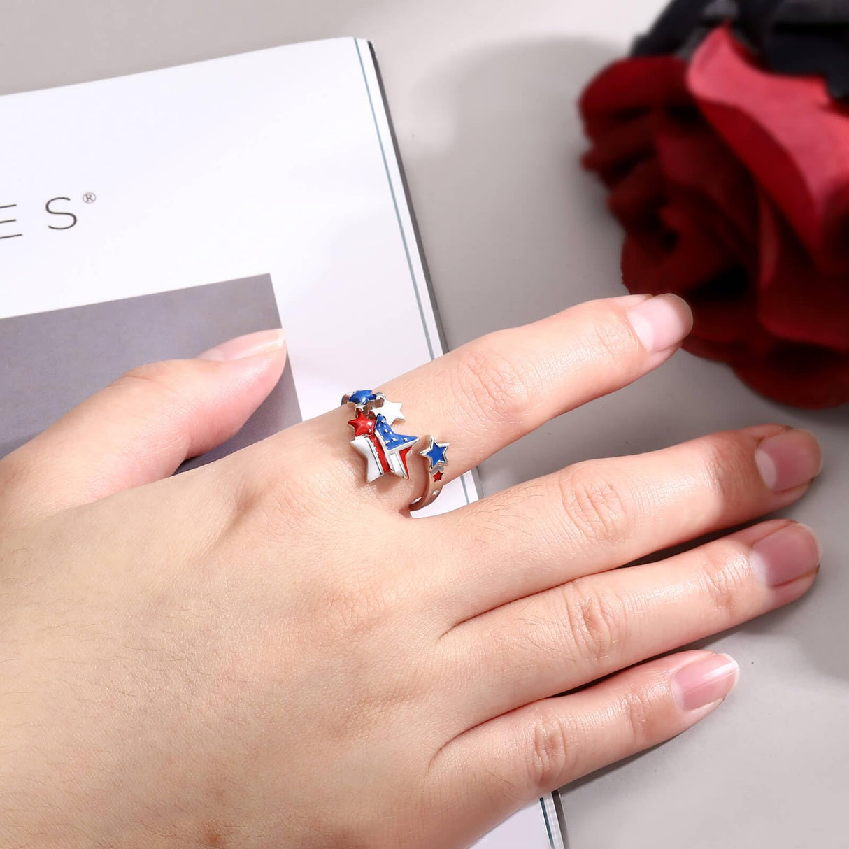 Sariel American Flag Ring 925 Sterling Silver July 4th Red White and Blue Jewelry Independence Day Gifts for Women (1)
