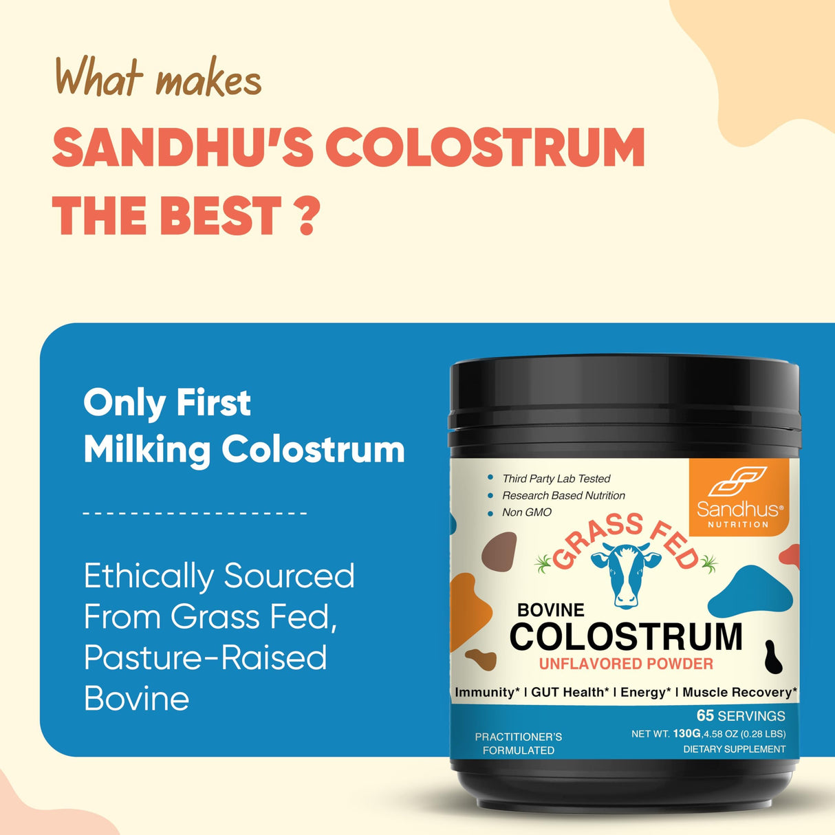 Sandhu's Grass Fed Bovine Colostrum Powder for Humans, Adults | 65 Servings (Pack of 1) Cows Supplement | High IgG for Gut Health | Immunity & Muscle Recovery Support | Unflavored | for Men & Women