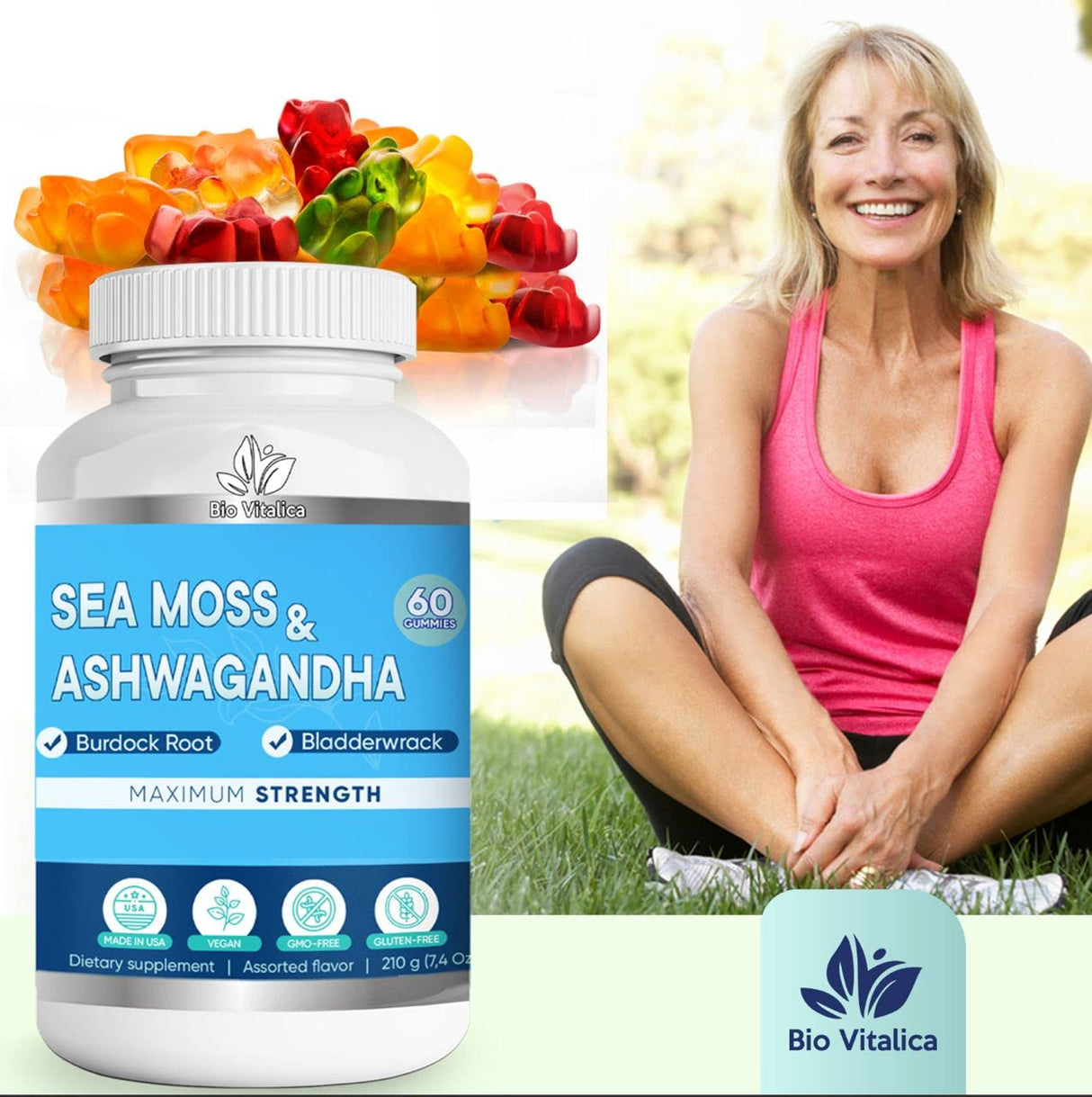 BIO VITALICA Sea Moss Ashwagandha Gummies - Organic Irish Seamoss & Ashwagandha Root Supplements for Supporting Energy & Immunity for Men & Women, 60 Vegan Gummies