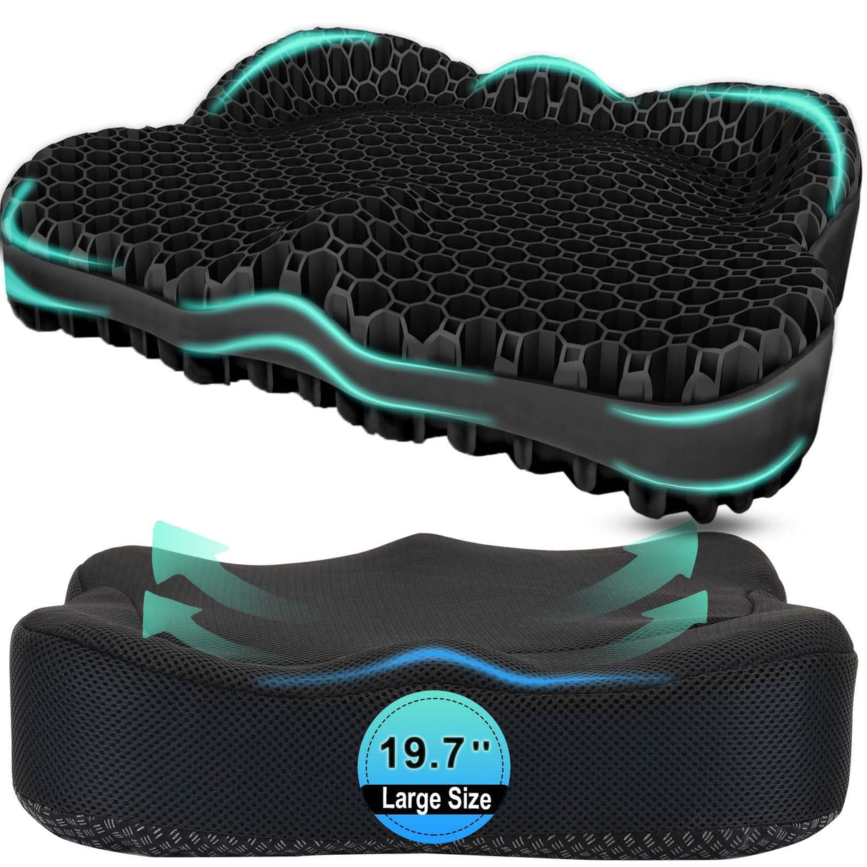 Airllantry Thicken 19.7in Seat Cushion, Gel Seat Cushion for Long Sitting–Office Chair, Wheelchair, Car Cushion, Large Cooling Pad for Back Pain, Sciatica, Tailbone Pain Relief