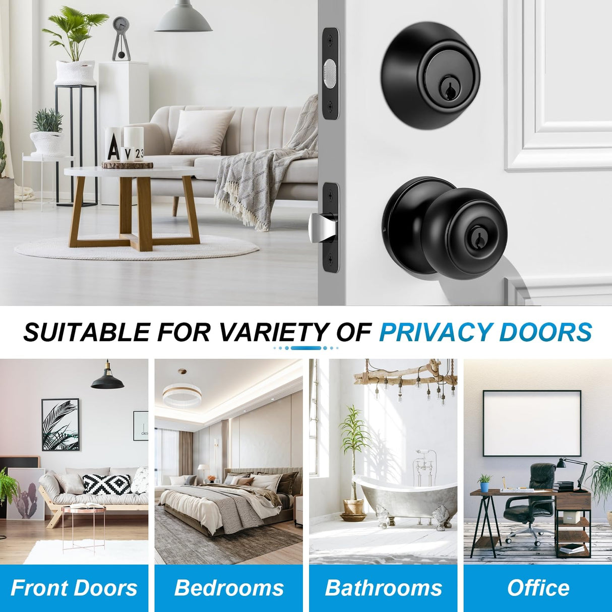 Plustool 2 Pack Front Door Lock Set Matte Black,Exterior Door Lock Set with Deadbolt,Single Cylinder Deadbolt Lock and Door Knob Set,Keyed Alike Door Knobs with Lock&Keys,Round Ball Entry Door Lockset