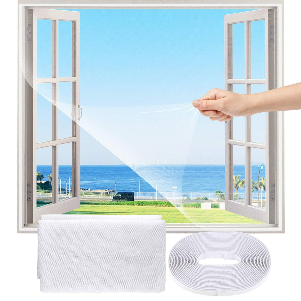 FLYZZZ DIY Self-Adhesive Window Screen Netting Mesh Curtain, 100X150cm (Approach 39.37x59.05 Inches), with Hook and Sticky Tape, Fitted to Multiple Windows (5 Pack, White)