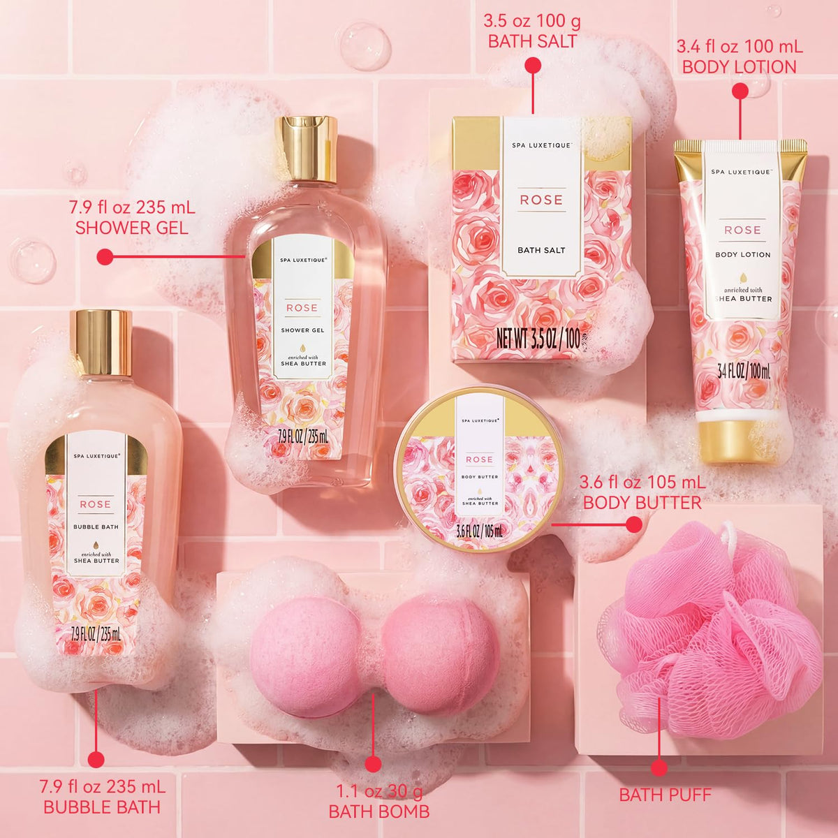 spa luxetique Gift Set for Women, Bath Sets for Women Gift, 8 Pcs Rose Spa Basket Includes Bubble Bath, Shower Gel, Body Lotion, Mom Birthday Gifts, Christmas Gifts for Her