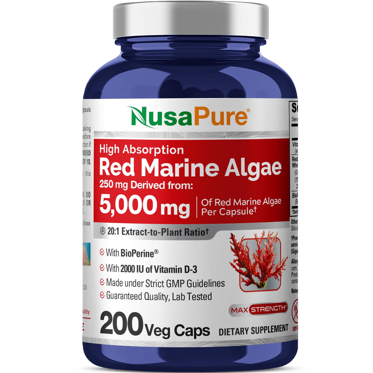 NusaPure Red Marine Algae 20:1 Extract, 250 mg Equivalent to 5,000 mg 200 Veggie Capsules (Non-GMO & Soy Free) Bioperine