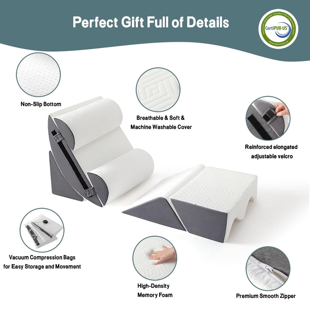 6pcs Orthopedic Bed Wedge Pillow Set for Sleeping, Post Surgery Foam for Body, Back and Leg Pain Relief Comfortable & Adjustable Support Pillows-Anti Snoring, Heartburn, Acid Reflux & GERD Sleeping