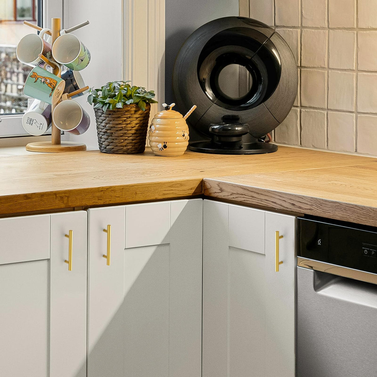 JOY DECOR 45 Pack 6 Inch Cabinet Pulls Kitchen Cabinet Handles with 3-3/4 Inch Hole Center Brushed Brass Cabinet Hardware Stainless Steel Kitchen Drawer Pulls for Cabinets Cupboard, 96mm Hole Centers