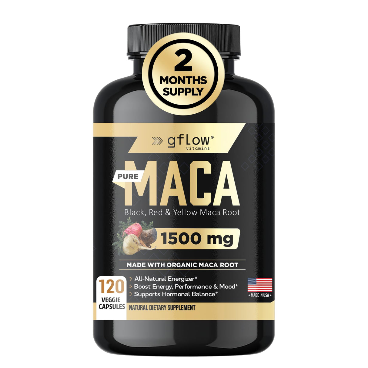 gflow vitamins Organic Maca Root Capsules 1500mg - Made with Black, Red, Yellow Peruvian Maca Root Extract & Black Pepper - 120 Vegan Pills - Supports Energy, Performance & Mood for Men & Women