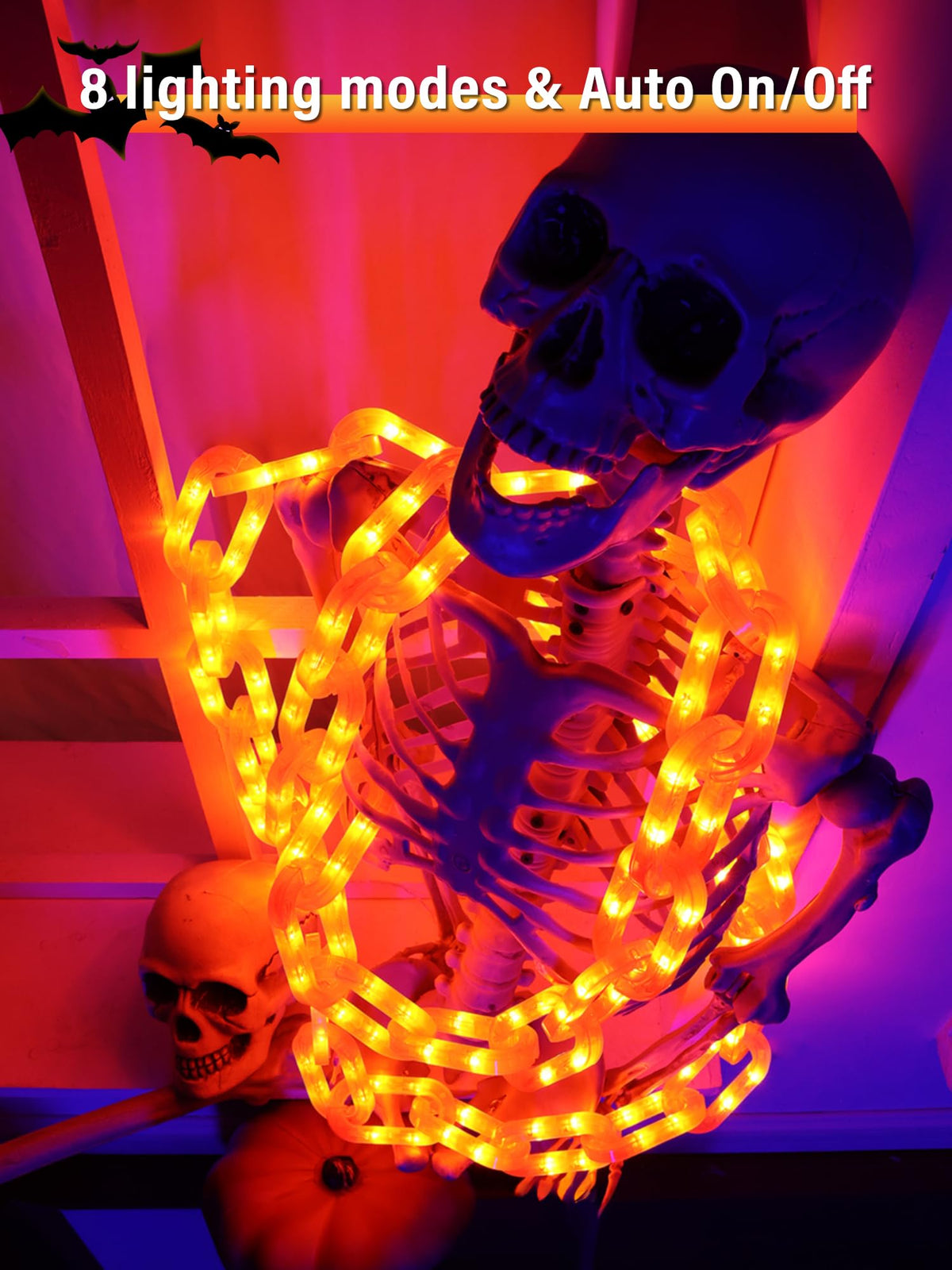 Solar Halloween Chain Lights - 10 FT 160 LED Orange Light-Up 8 Modes Memory