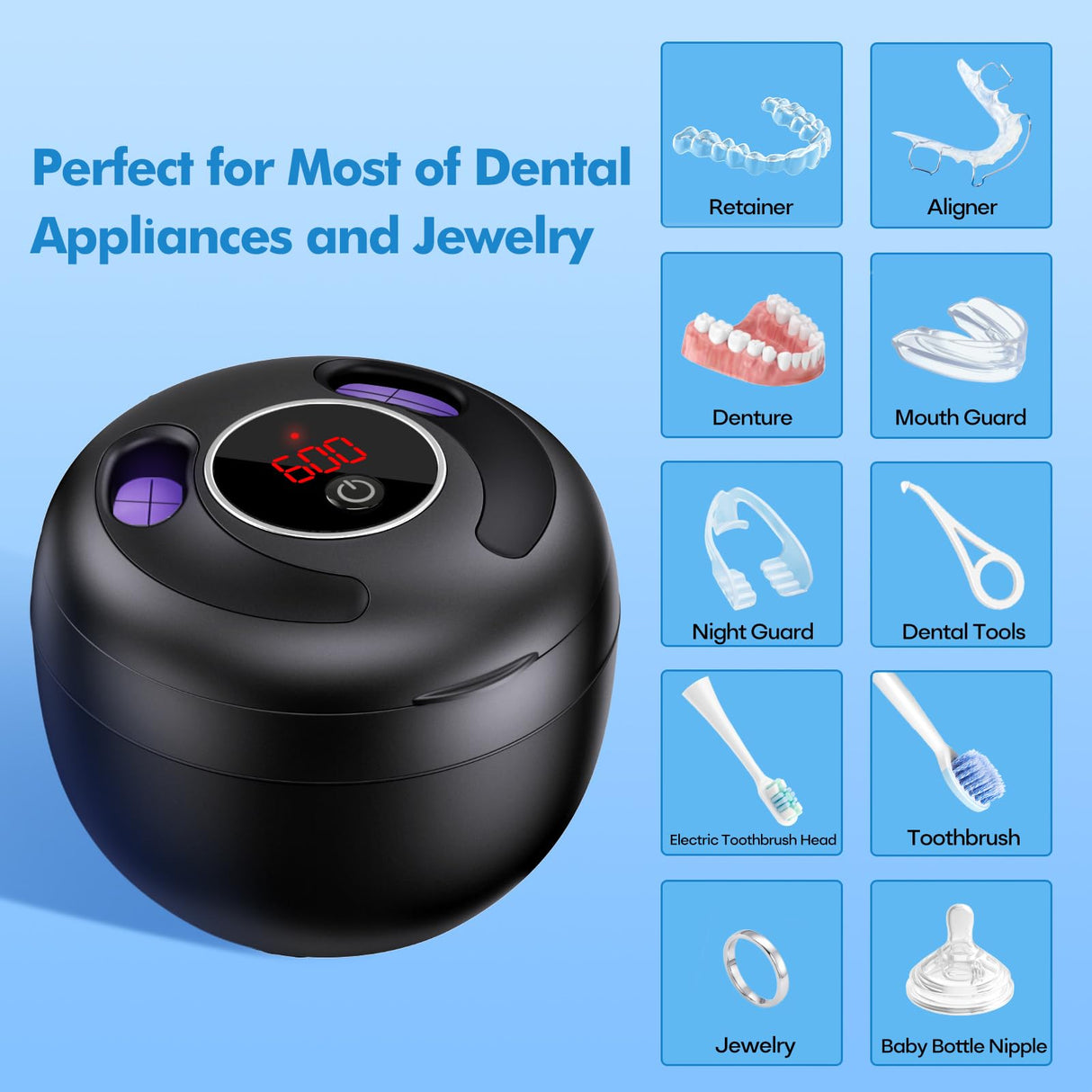 Upgraded Ultrasonic Retainer Cleaner Machine, 45kHz Ultrasonic Dentures Cleaner for Night Guards, Braces, Aligner, Toothbrush, Jewelry and More, 200ML Capacity, Black