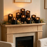 Xavnero 9 Pcs Flickering Flameless LED Pillar Candles, (D 3" x H 3" 4" 5" 6" 7") Battery Operated with Remote Plastic Wax Drip Fake Candles for Home Wedding Holiday Decor,Black