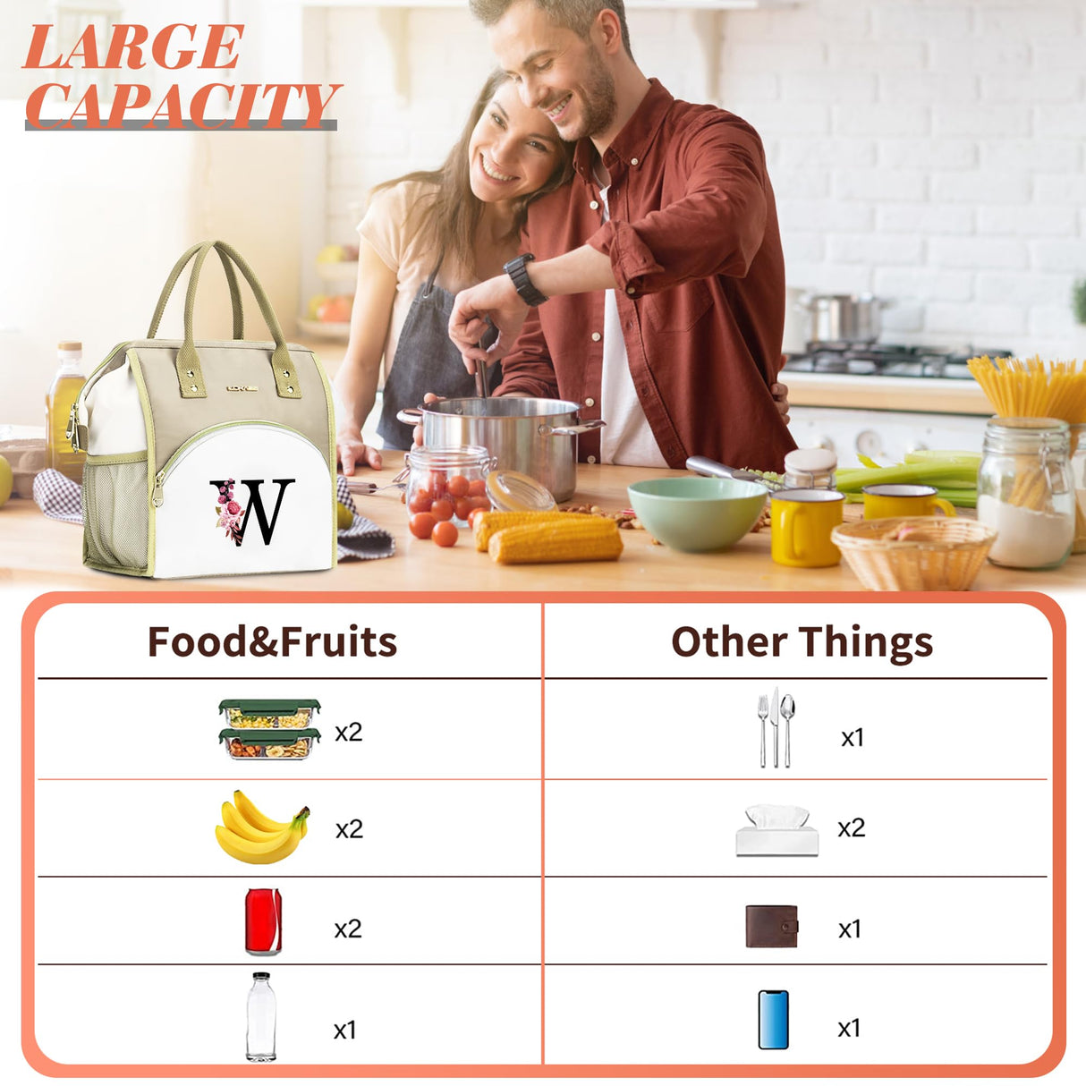 BAGNN Initial Lunch Bag Women, Cooler Insulated Lunch Box for Girls, Large Adult Leakproof Lunch Box for Picnic Work, Personalized Tote Bag, Birthday Gifts/Christmas Day Gifts, Letter M.