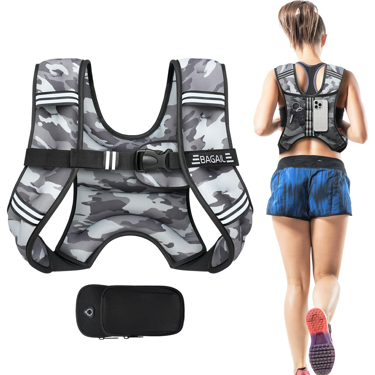 BAGAIL Weighted Vest, 5lbs/10lbs/12lbs/15lbs/20lbs/25lbs/30lbs Weight Vest with Detachable Phone Pouch, Rucking Vest for Women, Men, Walking, Weight Loss, Training, Running
