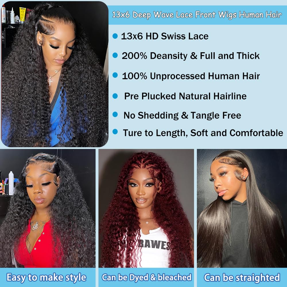 JYGeng 32 Inch Deep Wave Lace Front Wigs Human Hair 13x6 HD Lace Front Wigs Human Hair Pre Plucked 200% Density Glueless Wigs with Baby Hair Deep Curly Wig for Women