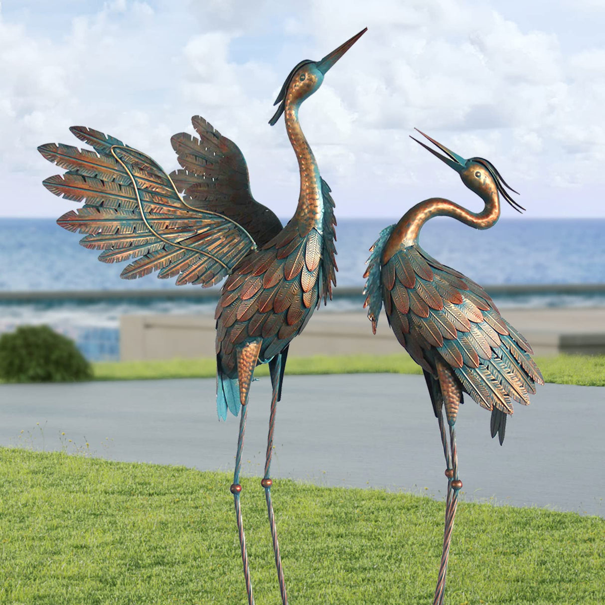 Oritty Crane Statues for Garden Decor, Metal Crane Yard Art Statues, Standing Heron Garden Sculptures & Statues for Outdoor Decorations, 38-42 Inch Set of 2, Copper