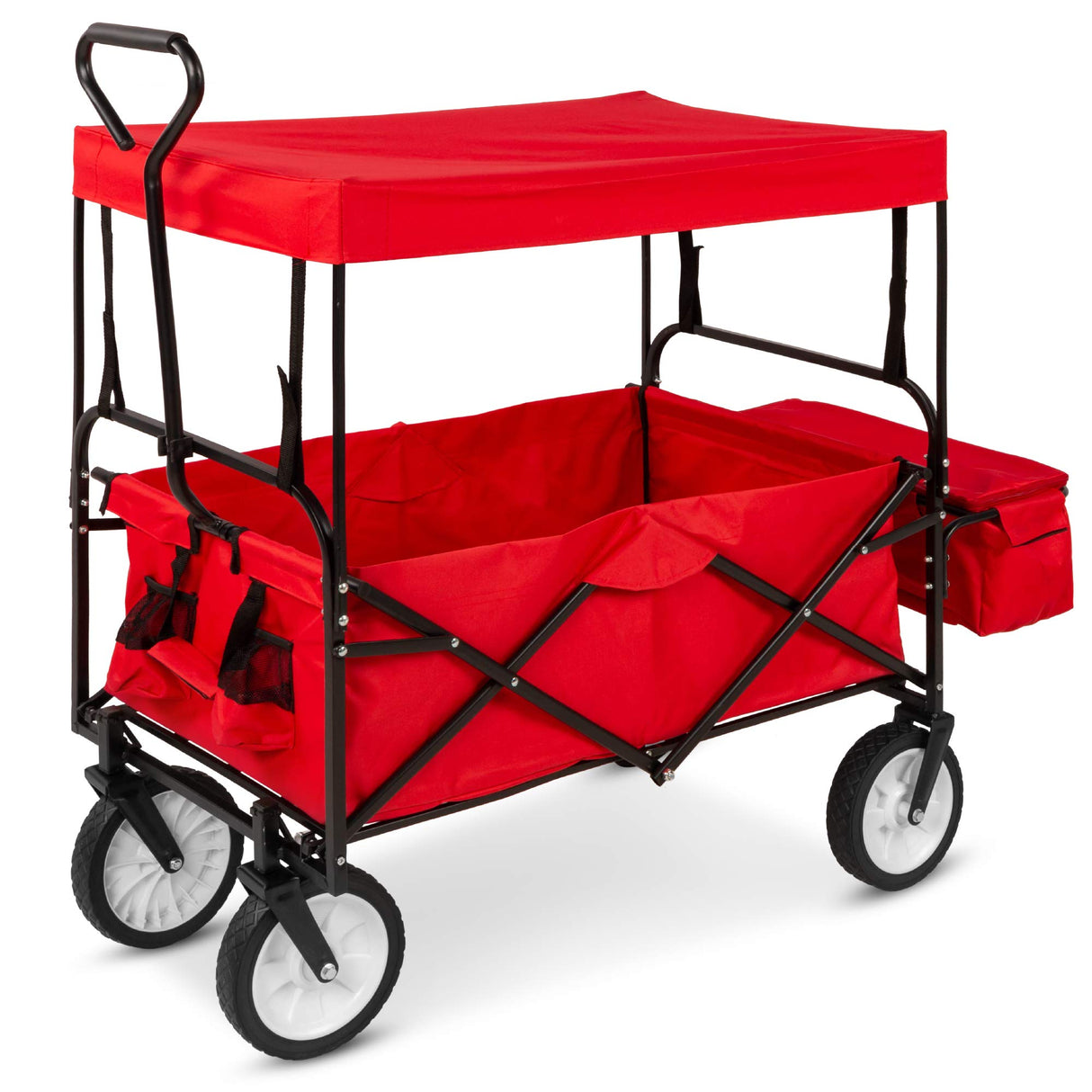 Best Choice Products Collapsible Folding Outdoor Utility Wagon with Canopy Garden Cart for Beach, Picnic, Camping, Tailgates w/Removable Canopy, Detachable Pockets, 150lb Weight Capacity - Red