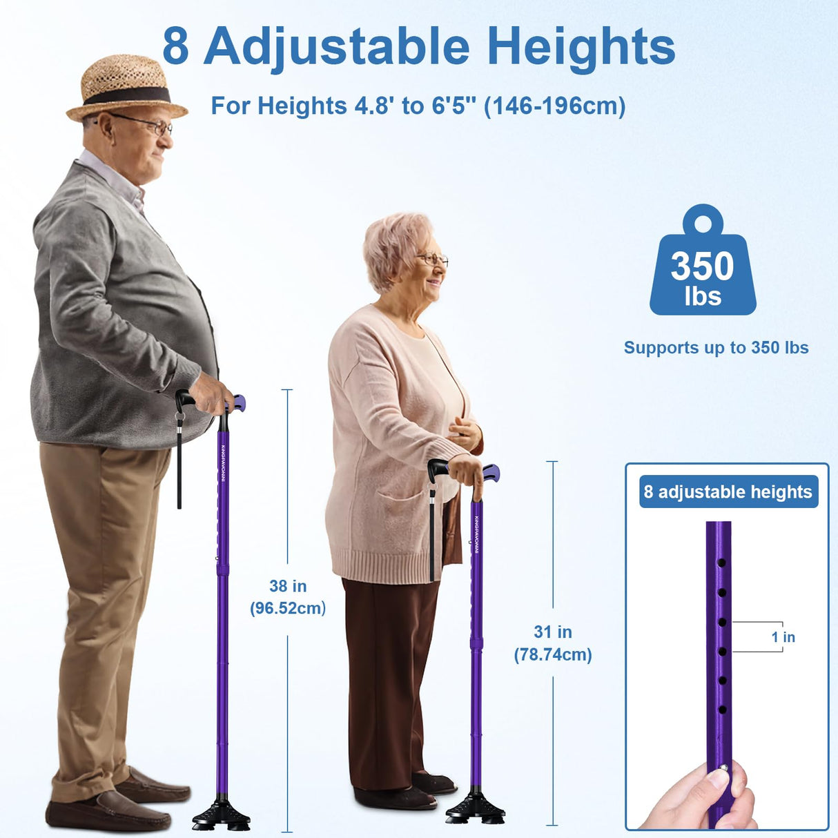 KingPavonini Walking Cane for Men Women Stability, Free Standing Foldable Cane, Ergonomic Handle Pivoting Quad Base, Heavy Duty 350 LBs, Adjustable Walking Canes for Seniors Balance with Travel Bag