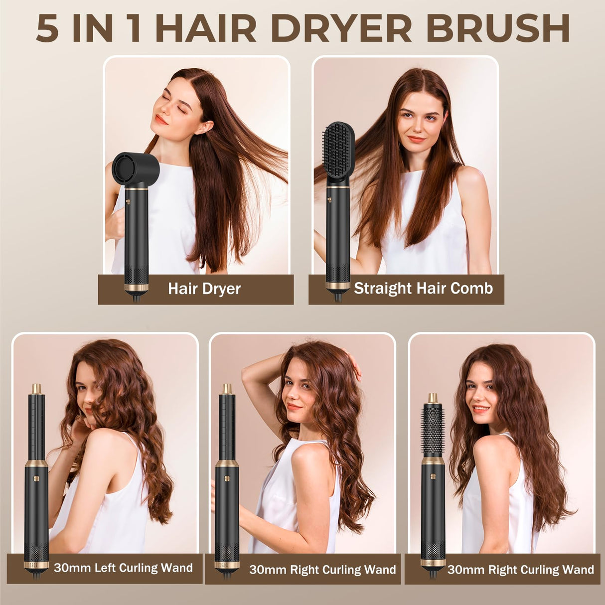 Blow Dryer Brush 5 in 1, Negative Ion Hair Dryer Brush Set Air Styler Curling Wrap Air Curler, Upgrade Hot Air Brush Curling Iron Hair Styling Tools As A Gift for Straight/Curl/Drying/Smoothing