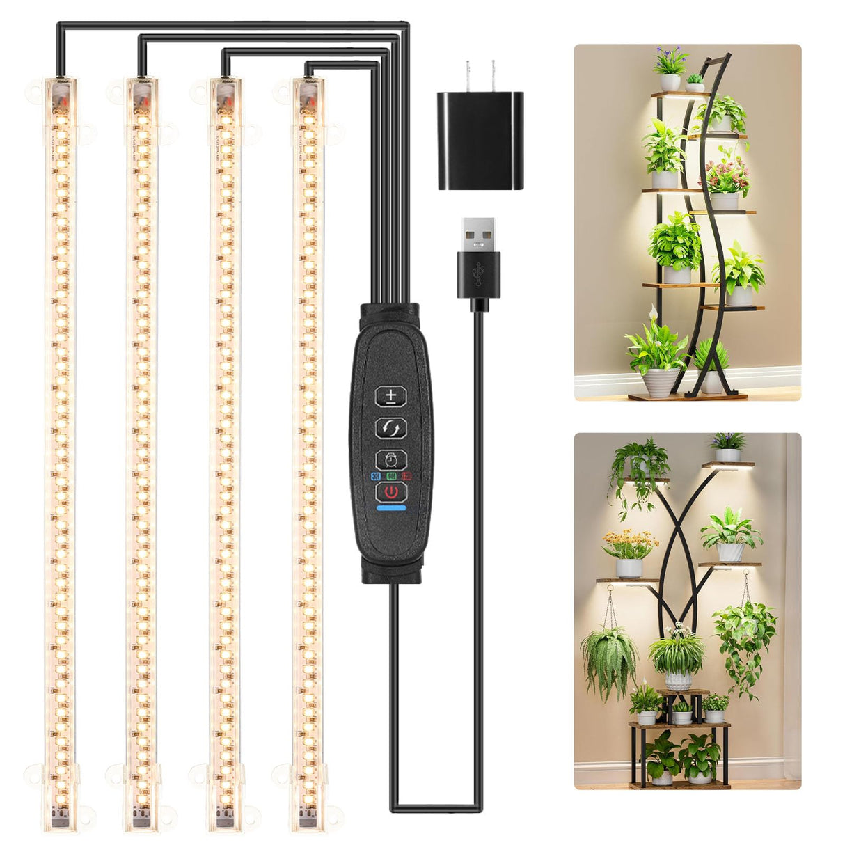 RWNTAO LED Plant Growing Lamp Strips, Full Spectrum 3500K Grow Light for Indoor Plants with 3/9/12H Timer and 10 Dimmable Levels for Green House Hydroponics Succulent, 4 Head 13 Inches