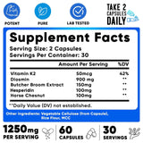 We Like Vitamins Vein Vitality 1250mg Diosmin Hesperidin Complex for Varicose Veins Treatment, Horse Chestnut, Butchers Broom, Bioflavonoids - Supports Blood Circulation for Leg Veins- 60 Capsules