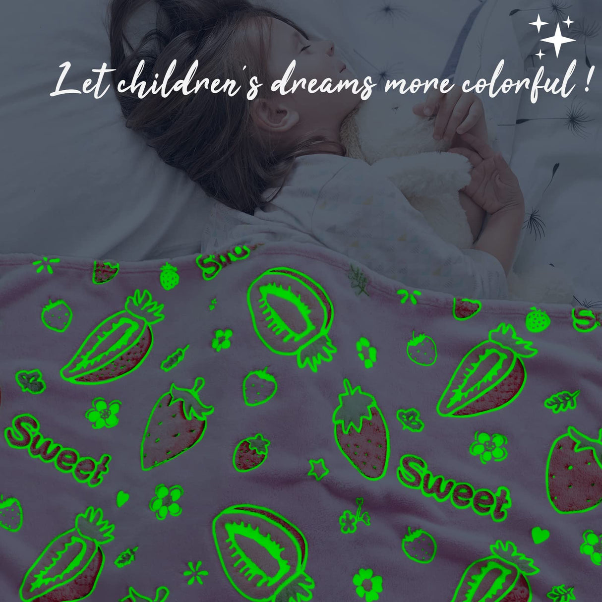 REXEO Flannel Throw Blanket, 50 x 60in, Glow in The Dark, Fluorescent Strawberry, Lightweight, Fiber Plush, for Girls Kids, Birthday Christmas Gifts