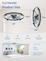ZMISHIBO 24 Inch Low Profile Ceiling Fans with Lights and Remote, 3000K-6000K Dimmable Fandelier LED Fan Light, Flush Mount Ceiling Fan with Light, 6 Wind Speeds Ceiling Fans for Bedroom- Black