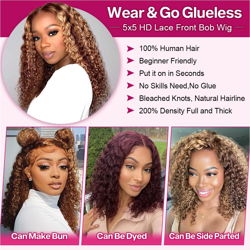 Ailwelia Highlight Ombre Curly Bob Wig Glueless Pre Plucked 4/27 5x5 Hd Lace Wear And Go Closure Bob Wigs For Black Women Honey Blonde Short Deep Wave Bob Wig Glueless 200% Density 14 Inch