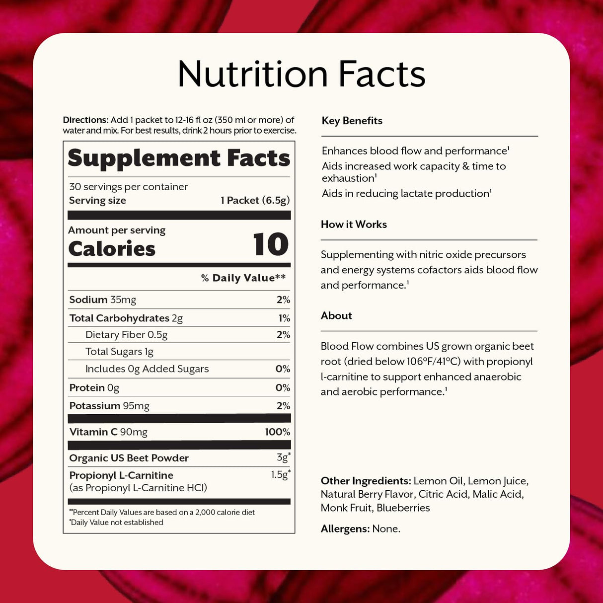 ProMix Nutrition Blood Flow - Nitric Oxide Supplement with Organic US Beet Root Powder - Cold Pressed, Low Temp Dehydration - 30 Servings