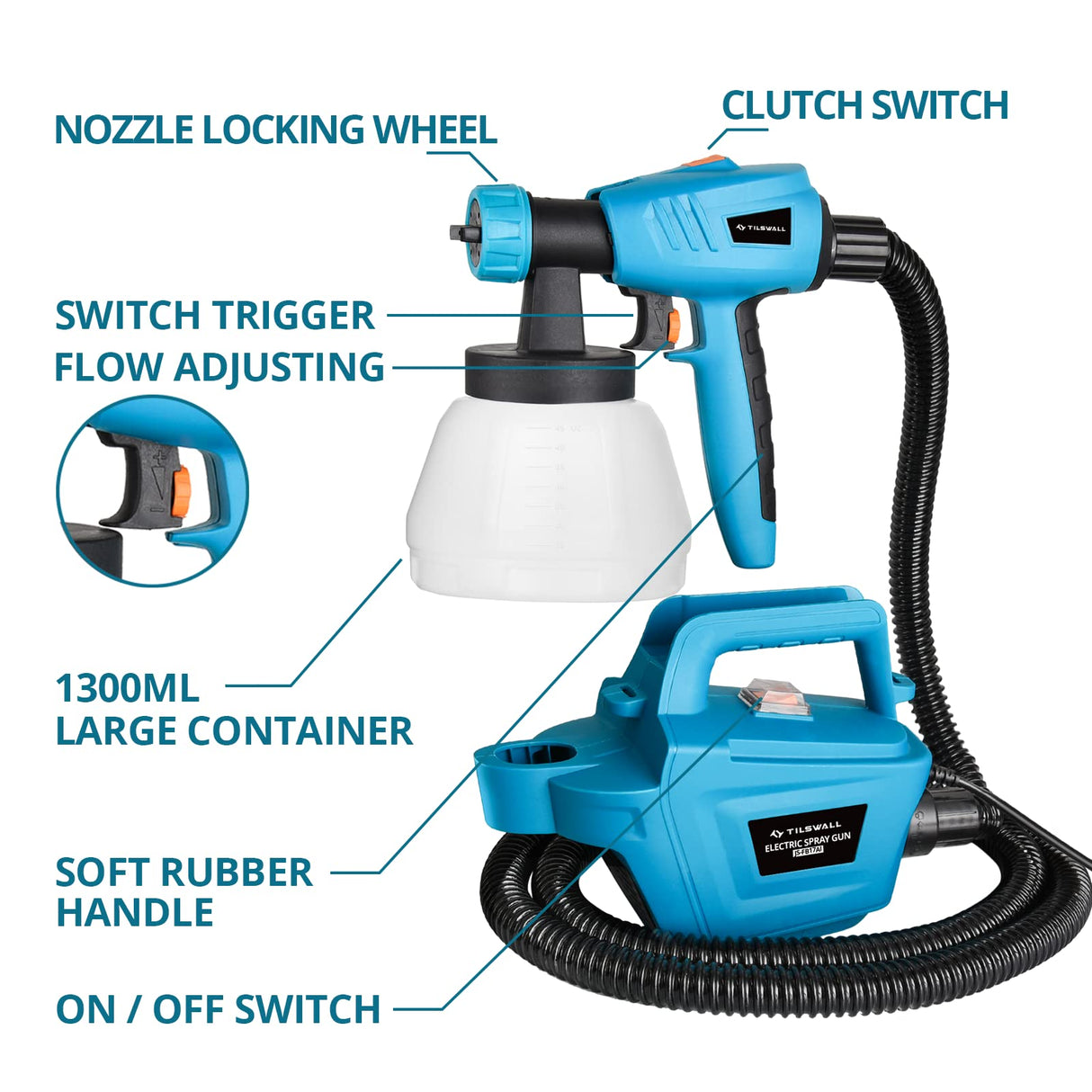 Tilswall 800W HVLP Paint Sprayer, High Power Electric Spray Gun with 3 Nozzle Sizes, 3 Spray Patterns, and 1300ML Detachable Container - Perfect for Furniture, Cabinets, House and Fences