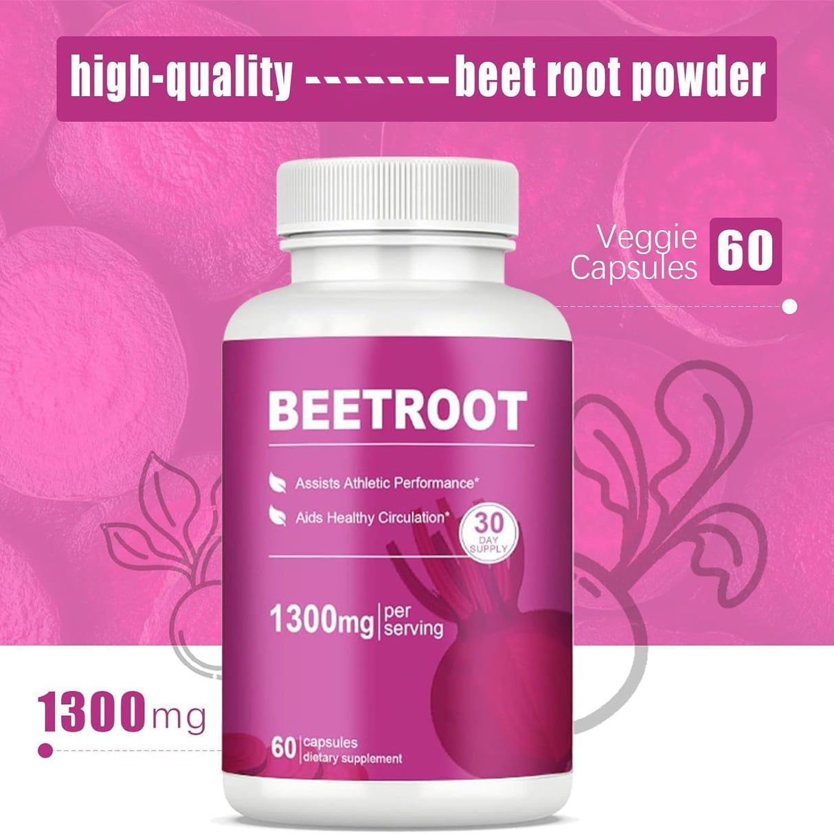 Beet Root Capsules – 1300mg Beetroot Powder for Natural Energy & Endurance Support, Non-GMO, 60 Capsules, 30-Day Supply (2pcs)