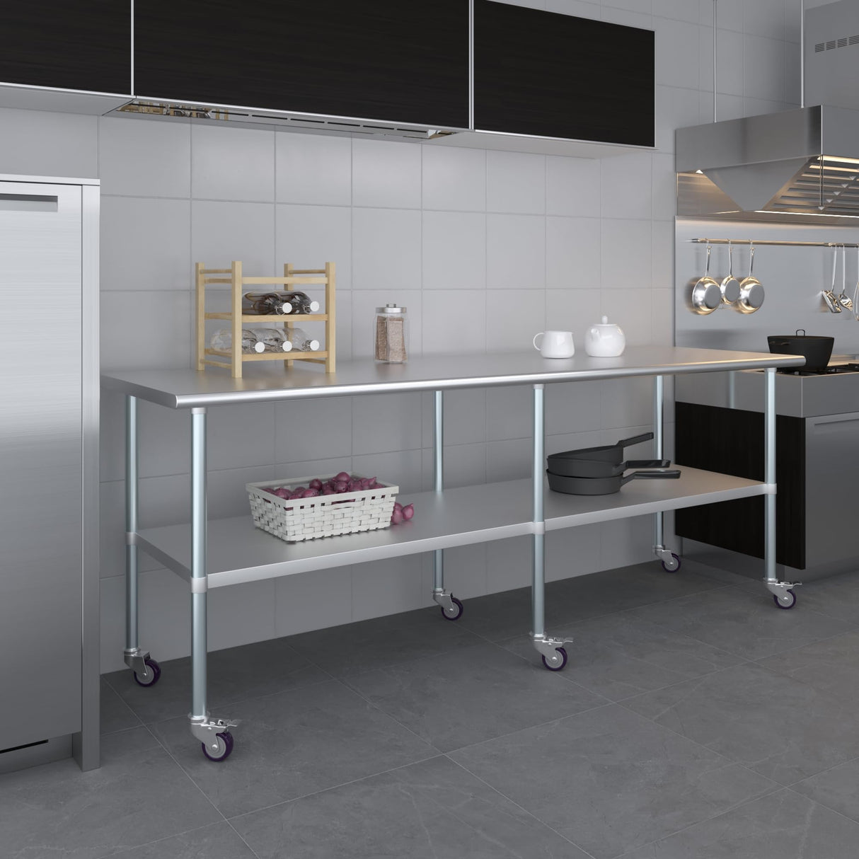 AmGood 30 in. x 96 in. Stainless Steel Work Table with Wheels | Metal Kitchen Food Prep Table | NSF