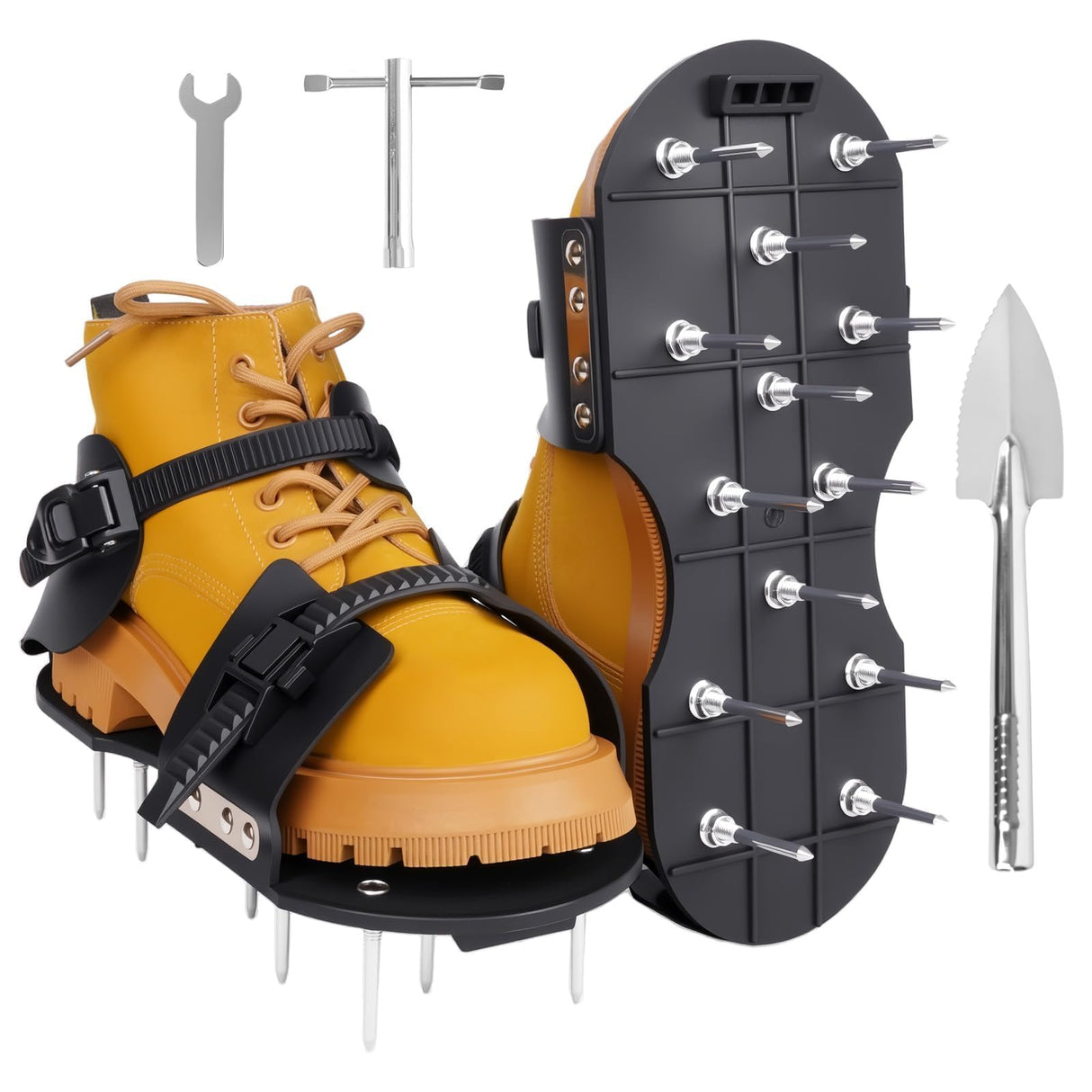 FIMXSD Lawn Aerator Shoes - Heavy Duty Lawn Aerator Tool for Grass with Cleaning Shovel & 6 Extra Spikes, Easy Assembly with Upgraded T-Wrench, Manual Garden Soil Aeration Tools for Yard Care