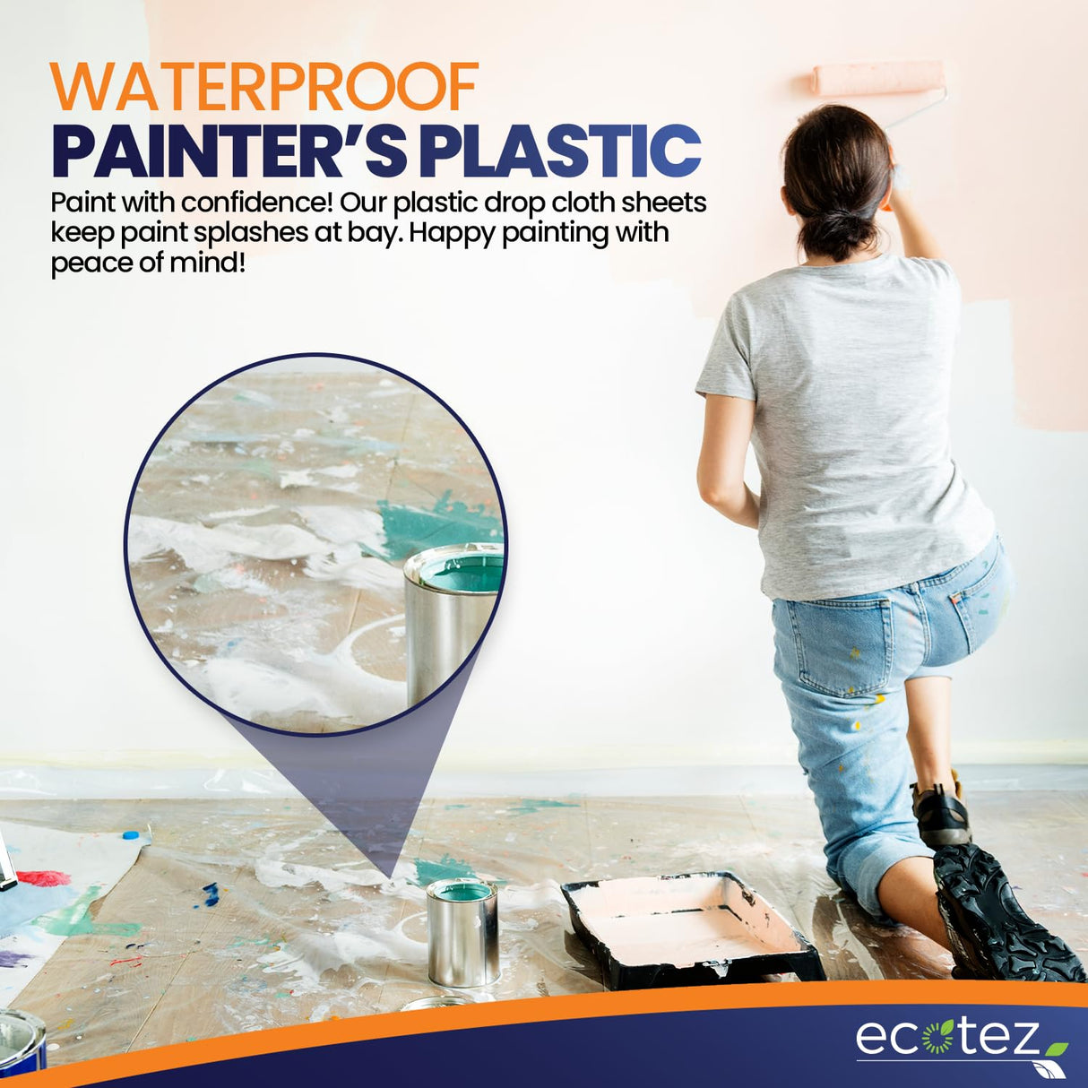 Ecotez 12 Pack 12 x 9 ft Extra Large Plastic Drop Cloth for Painting - Light & Durable Tarp Cover for Furniture - Plastic Clear Tarp Waterproof - Paint Floor Covering - Painters Drop Cloth Sheeting