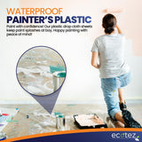 Ecotez 12 Pack 12 x 9 ft Extra Large Plastic Drop Cloth for Painting - Light & Durable Tarp Cover for Furniture - Plastic Clear Tarp Waterproof - Paint Floor Covering - Painters Drop Cloth Sheeting