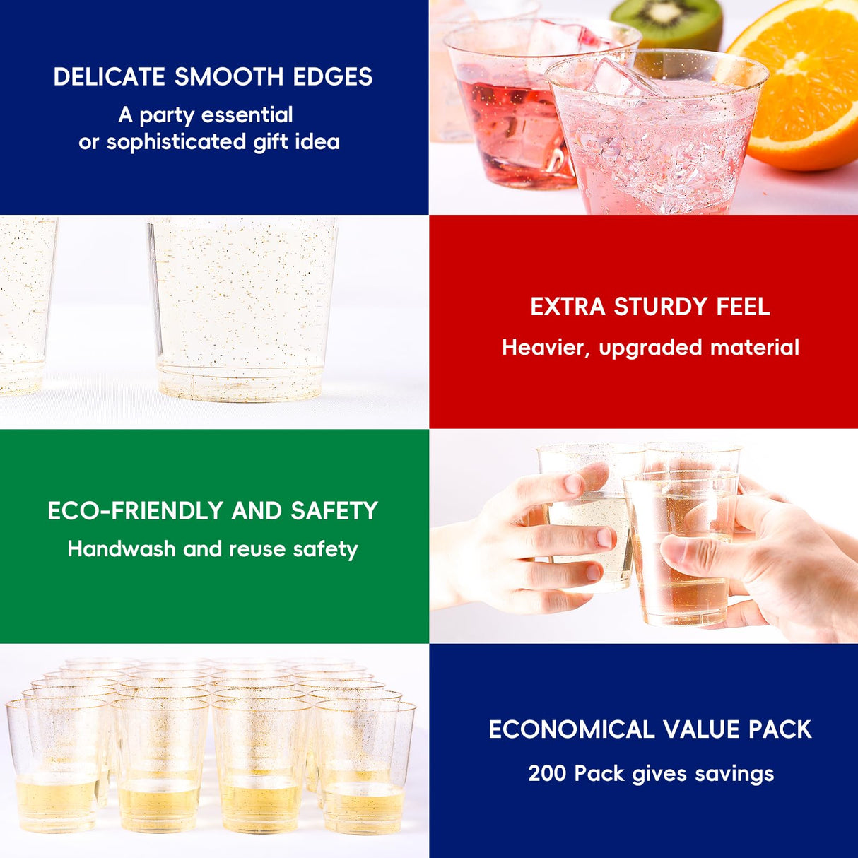 JOLLY CHEF 200 Pack 9 oz Glitter Plastic Cups, Disposable Gold Cups, Clear Plastic Tumblers for Wedding, Thanksgiving, Christmas Party