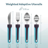 BUNMO Utensils for Elderly, Arthritis, Weak Hand Grip, Tremors & Handicapped - Convenient Travel Pouch - 3.35oz Lightweight - Stainless Steel - Eat Independently - Adaptive Blue 4 Piece Set