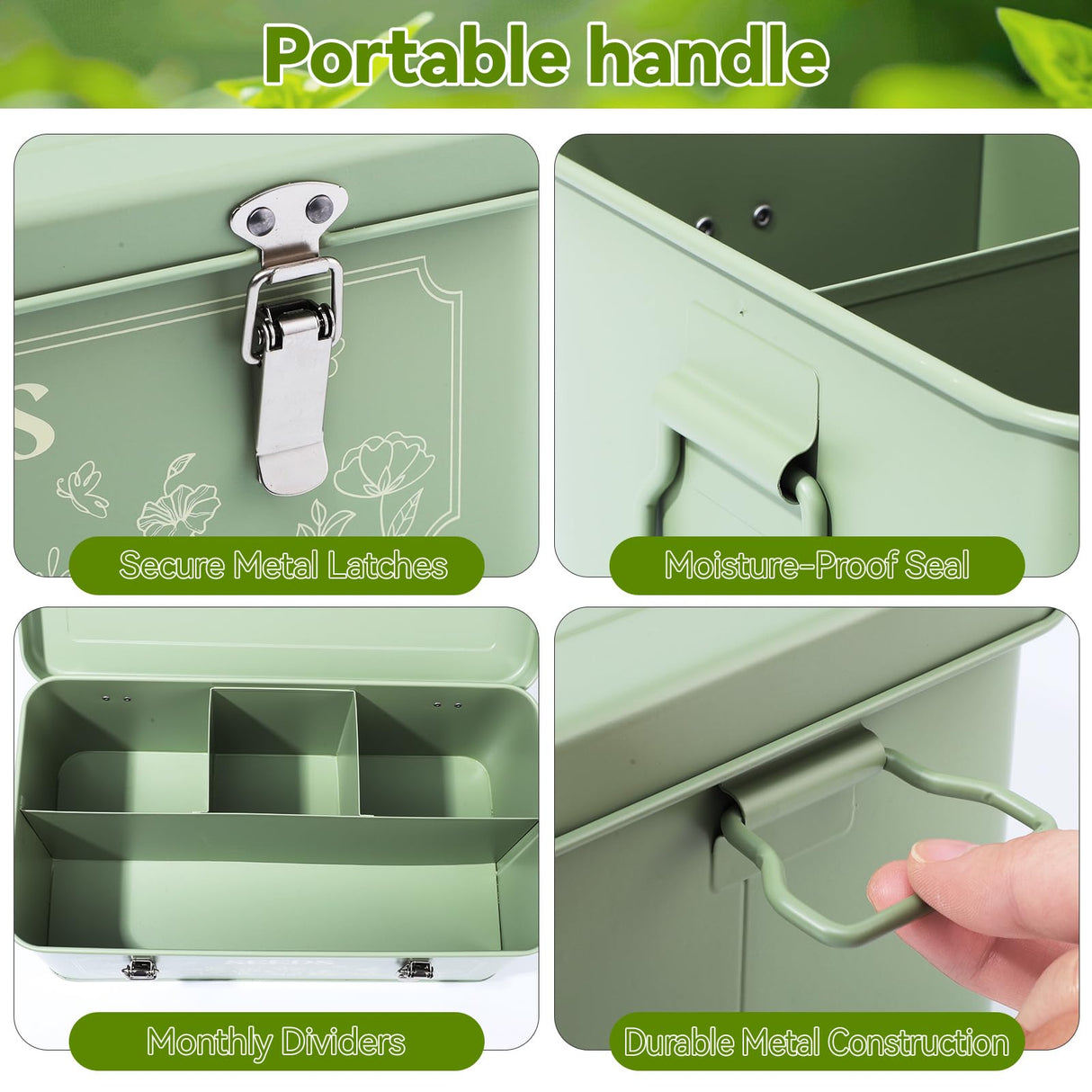 Pimoys Seed Storage Organizer, Metal Seed Saving Box with Lid, Seed Bank Container with 50 Labels 50 Envelopes 20 Plant Clips 32.8Ft Plant Tie, 4 Compartments Box Garden Seed Bin with Safety Locks