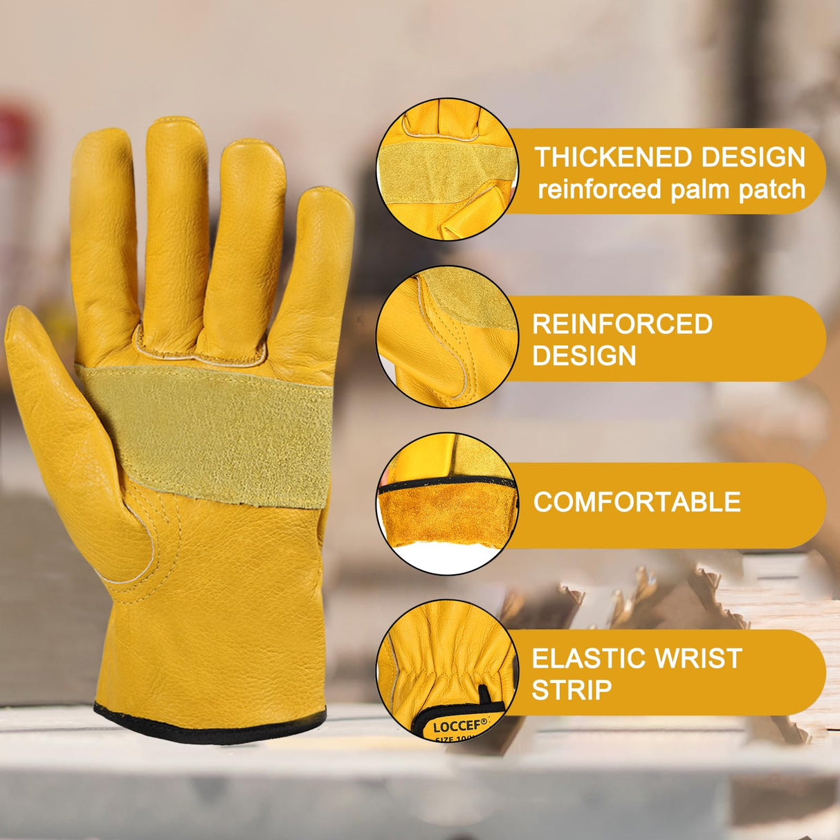 LOCCEF 2 Pairs Leather Work Gloves for Men and Women,Cowhide Leather Gloves Utility Working Gloves (Yellow, 9/L)