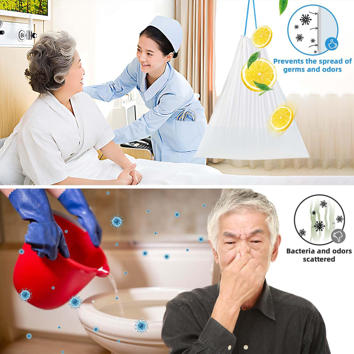 Hlinakrbcs 60 Pack Commode Liners with Absorbent Pads(Lemon Scent),Bedside Commode Liners Disposable for Portable Toilet,Adult Commode Chair Bucket & Porta Potty,Camping Toilet Bags