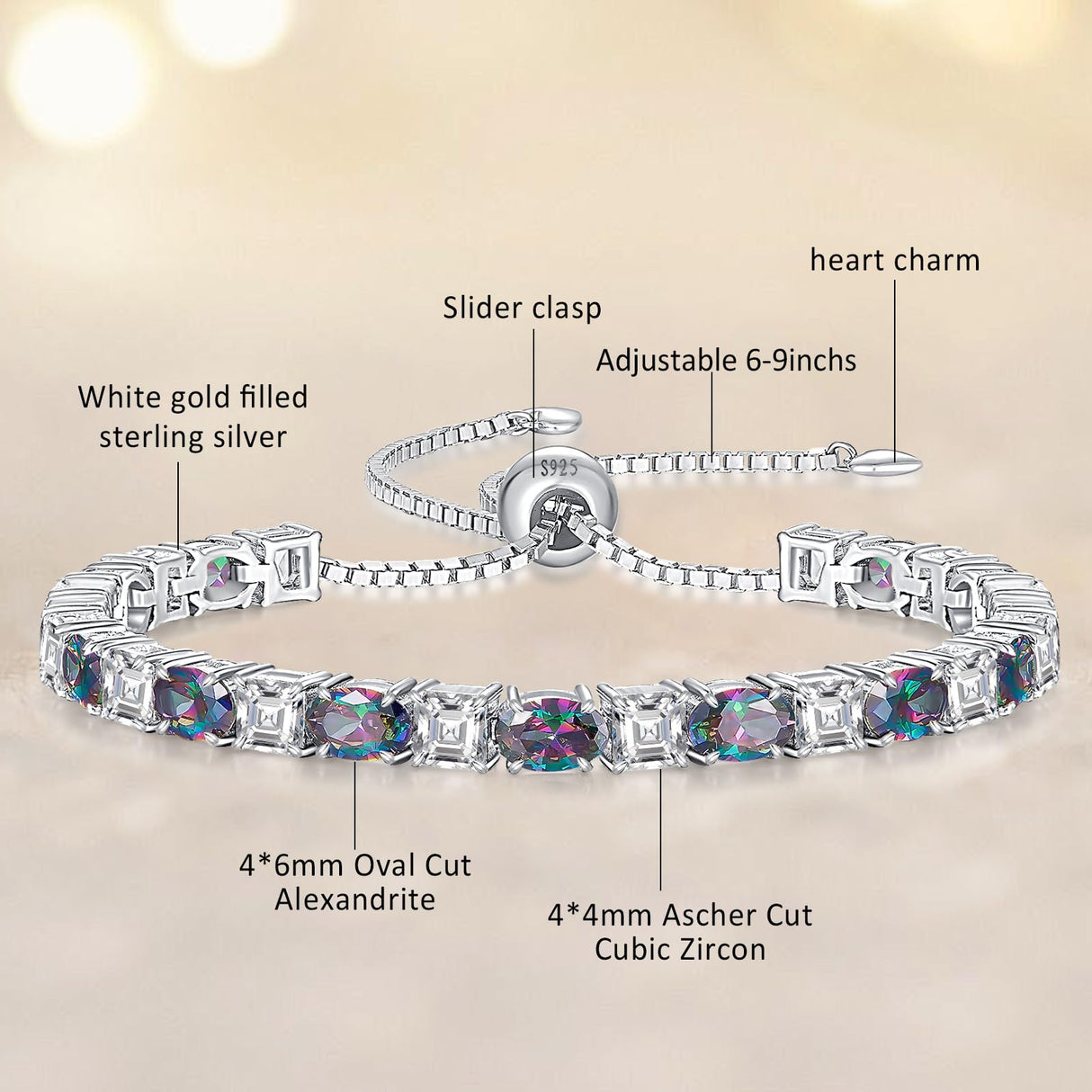 ETERMBOL Birthstone Tennis Bracelets for Women Alexandrite Bracelets for Women White Gold Bracelets June Birthstone 925 Sterling Silver Adjustable Chain 6-9 Inchs Jewelry Anniversary Birthday Gifts for Women Mom Wife Her