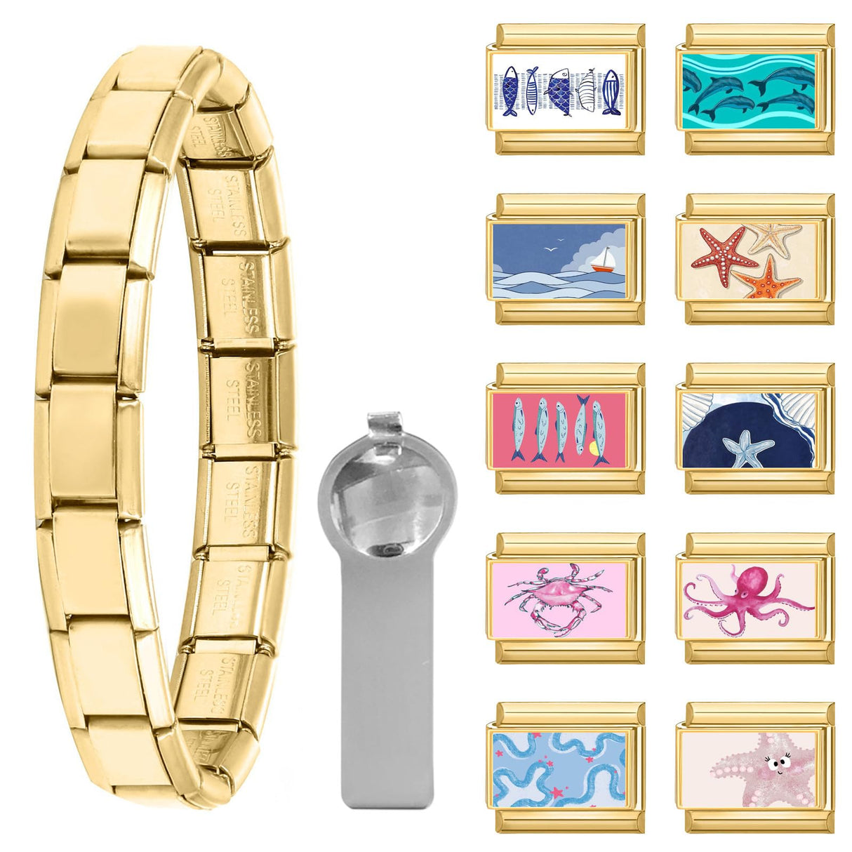 papasgix Italian Charm Bracelet Charms Gold Silver Set with 1pc Starter Brascelet, 10pcs Assorted Italian Charms for Bracelets and 1pc Opening Tool, 9mm Modular Italian Charm Bulk Pack Links Handmade DIY Jewelry (Gold)