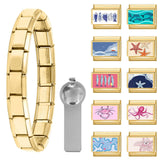 papasgix Italian Charm Bracelet Charms Gold Silver Set with 1pc Starter Brascelet, 10pcs Assorted Italian Charms for Bracelets and 1pc Opening Tool, 9mm Modular Italian Charm Bulk Pack Links Handmade DIY Jewelry (Gold)