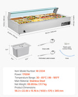 VEVOR Commercial Food Warmer, 1700W Electric Stainless Steel Steam Food Warmer with Glass Cover, 12-Pan Countertop Buffet Bain Marie with Soup & Perforated Ladles, for Catering, Restaurant & Party